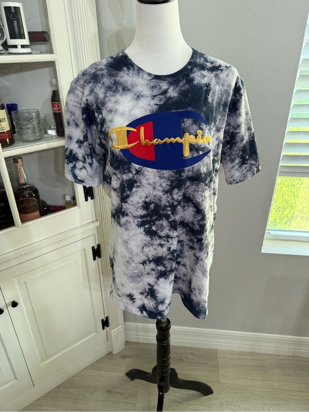 Champion Tie-Dye Short Sleeve Tee in Black and White with Multicolor Logo - Picture 1 of 6